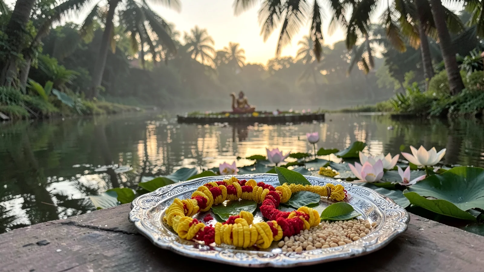 Sacred fourteen-knot Anant thread and lotus flowers on a puja thali for Anant Chaturdashi.