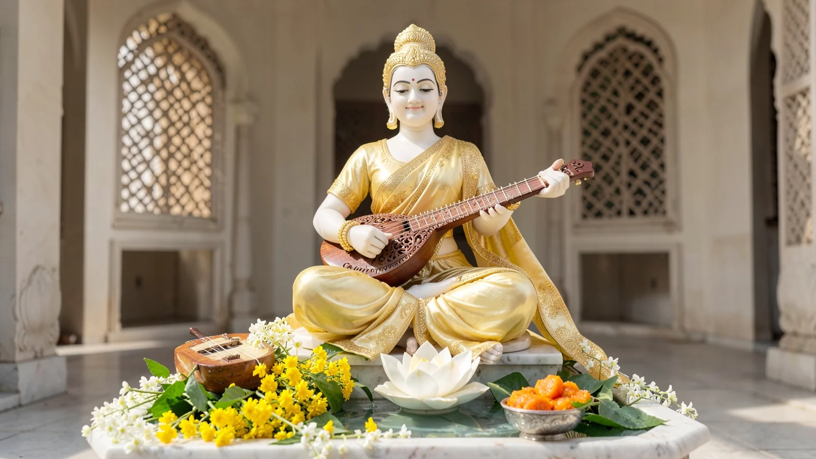 White marble Goddess Saraswati idol adorned in yellow silk for Basant Panchami puja