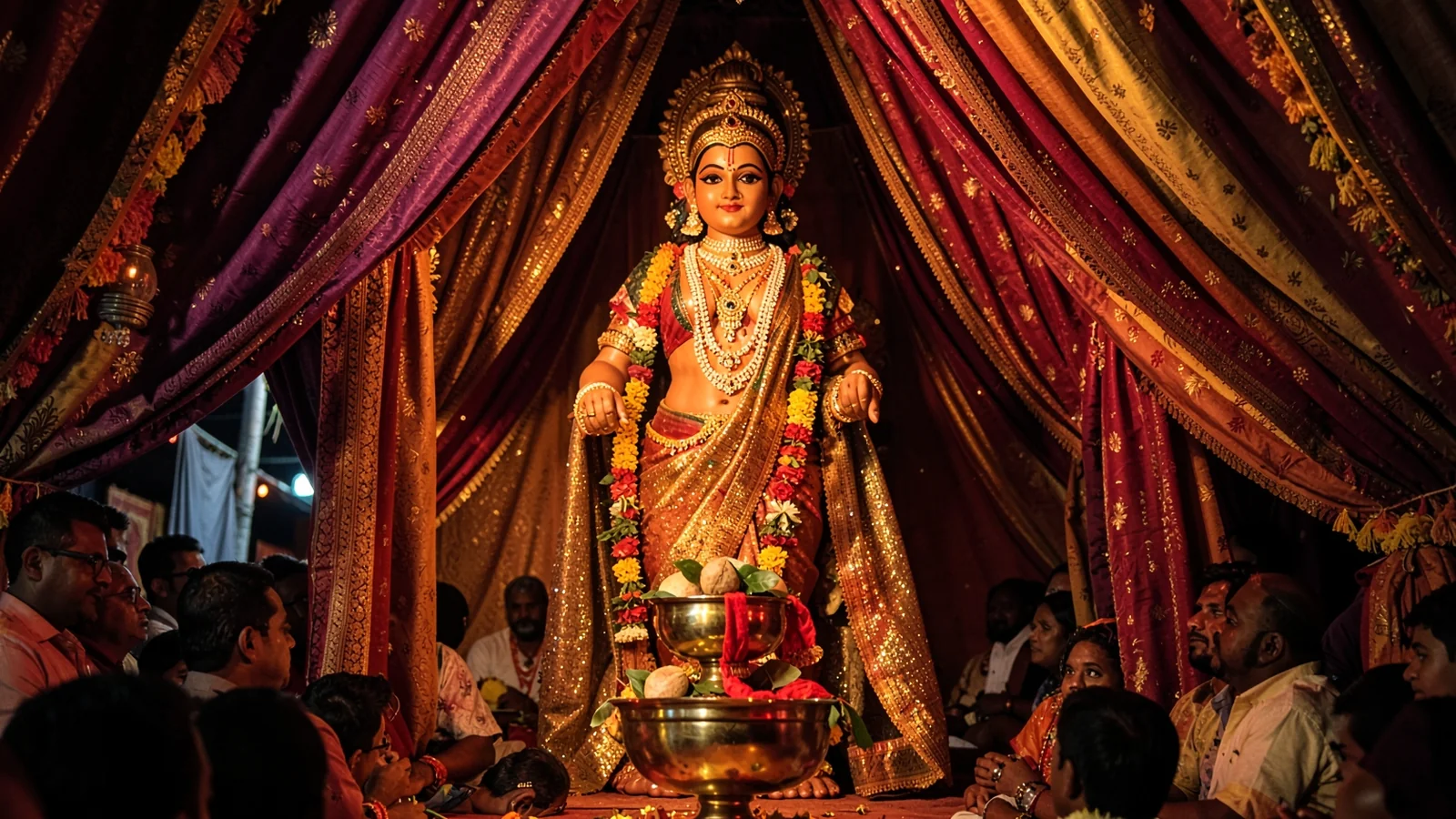 Grandly adorned clay idol of Goddess Durga inside a festive pandal for Durga Puja celebrations.