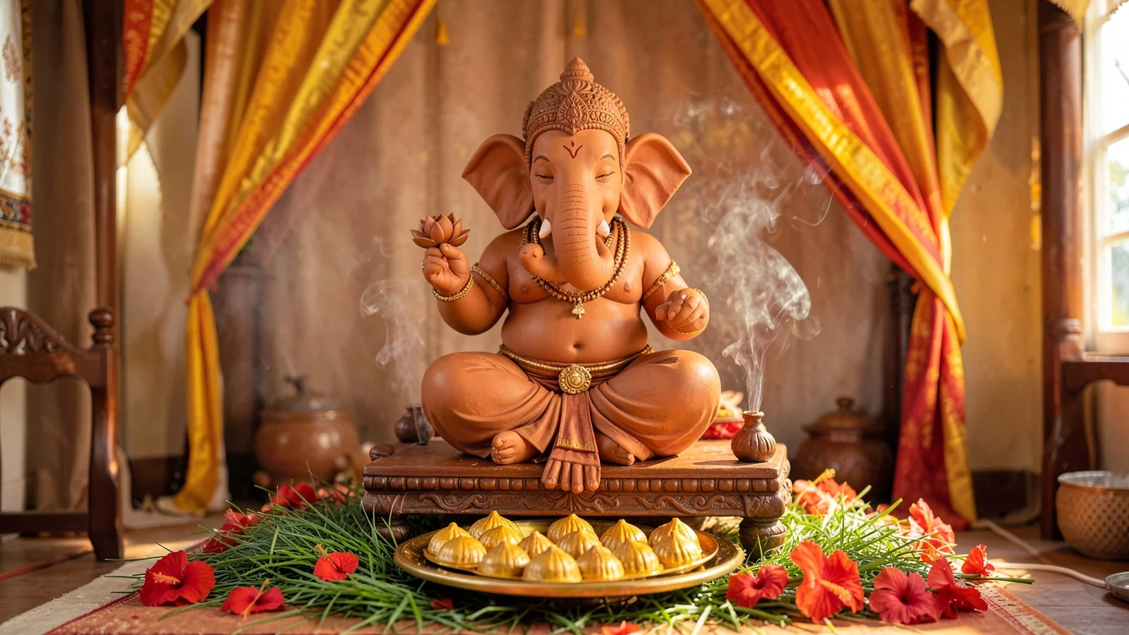 Lord Ganesha clay idol with modaks and durva grass during Ganesh Chaturthi festival celebrations