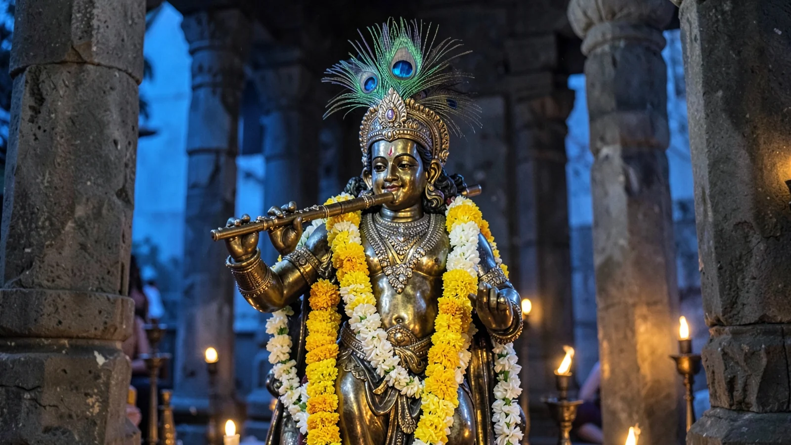Brass idol of Lord Krishna adorned with tulsi garlands on an altar for Gita Jayanti.