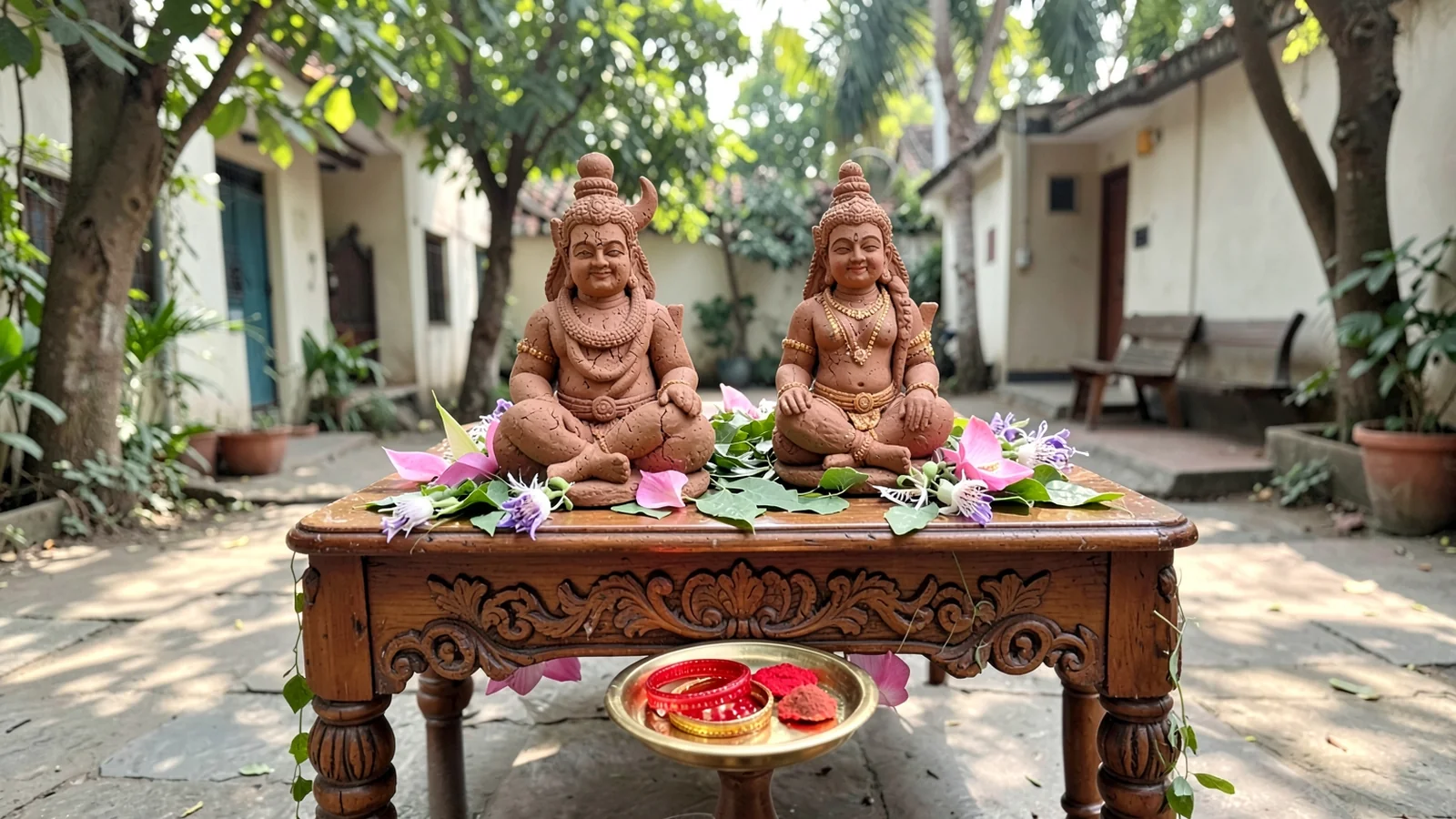 Handcrafted clay idols of Shiva and Parvati prepared for Hartalika Teej puja ritual.