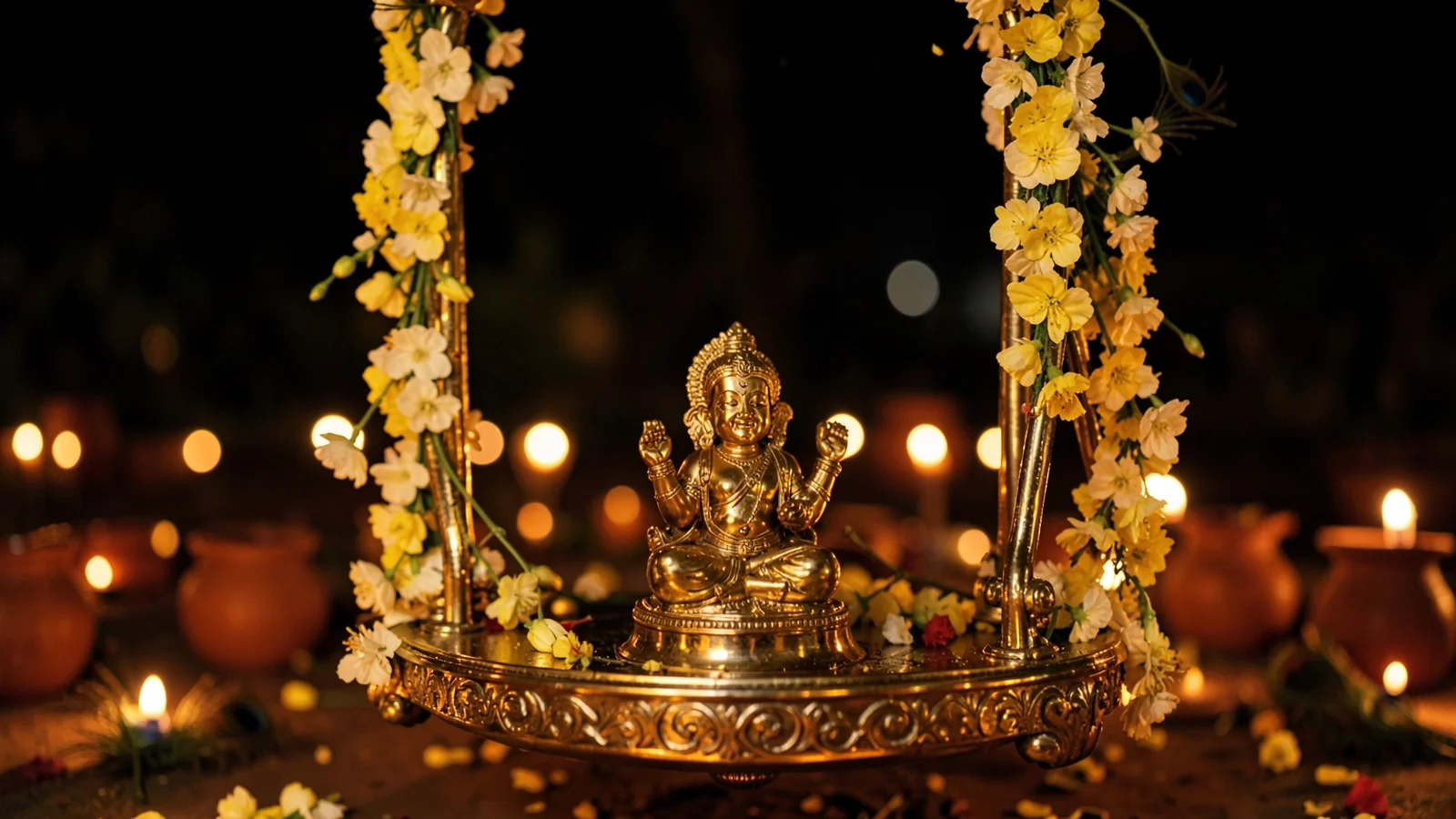 Brass Bal Gopal idol in decorated floral swing celebrating Janmashtami festival and midnight puja.