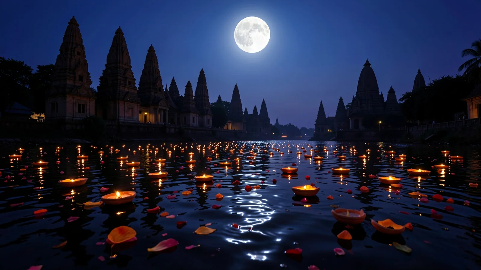 Floating earthen lamps on river water under the full moon for Kartik Purnima celebrations