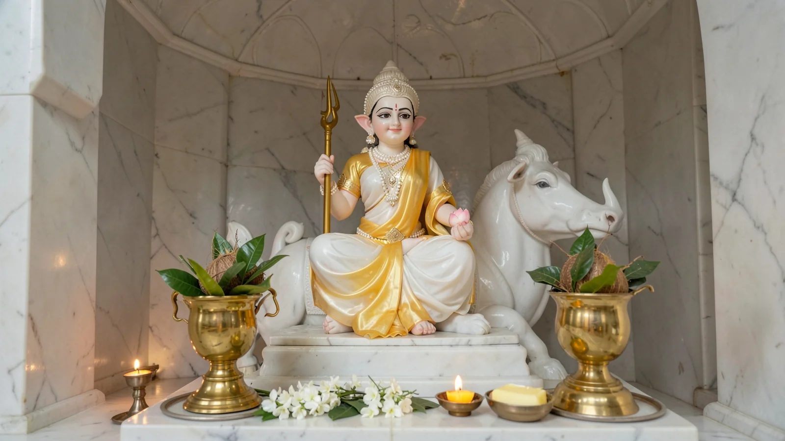 White marble murti of Goddess Shailputri with Ghatasthapana kalash for Navratri Day 1 puja