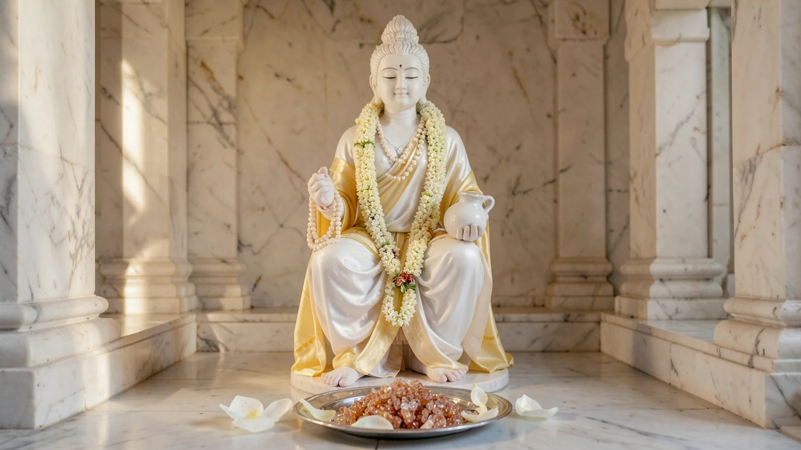 White marble idol of Goddess Brahmacharini adorned with jasmine garlands for Navratri Day 2 puja