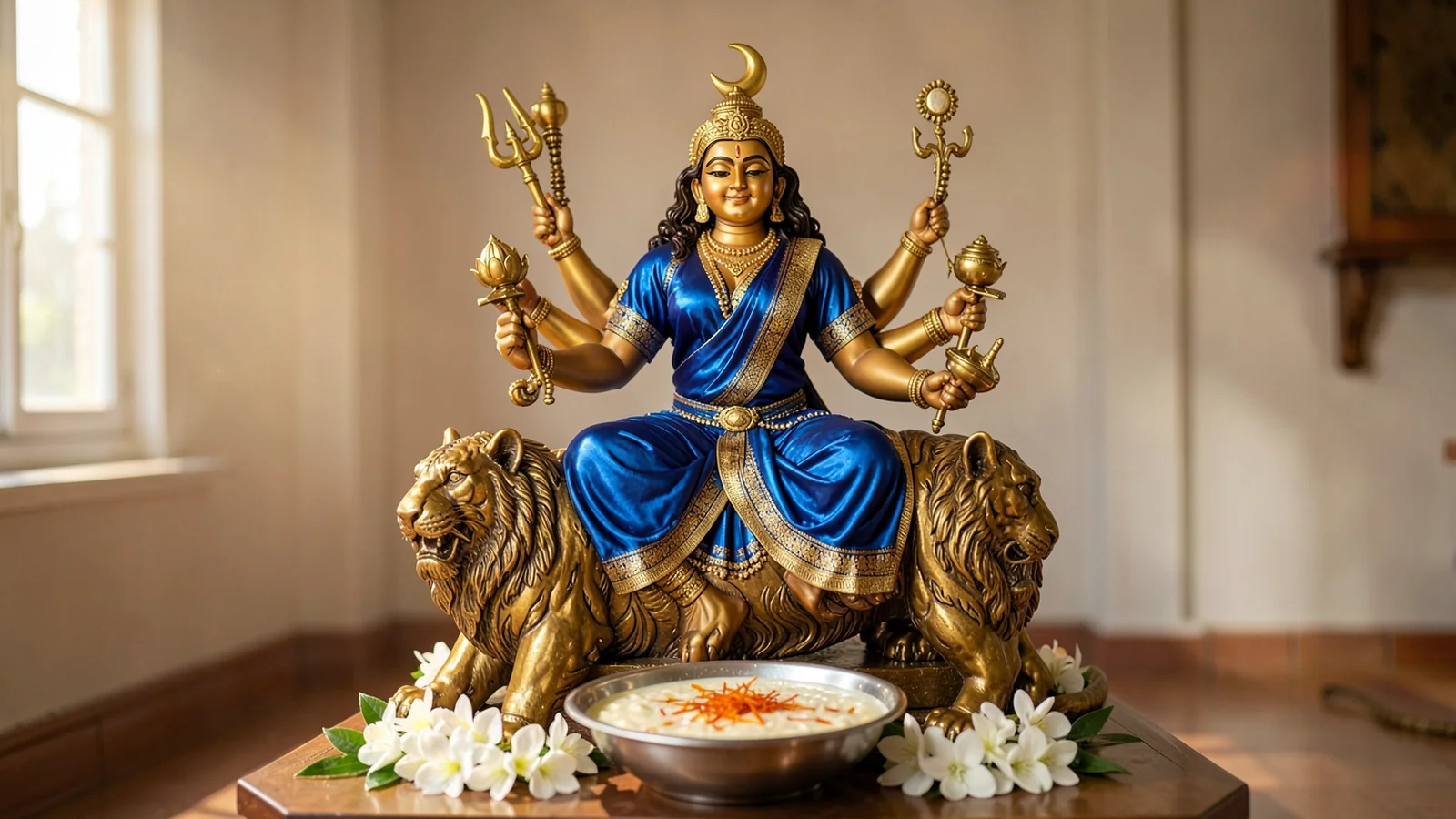 Brass idol of Maa Chandraghanta on a tiger for Navratri Day 3 puja.