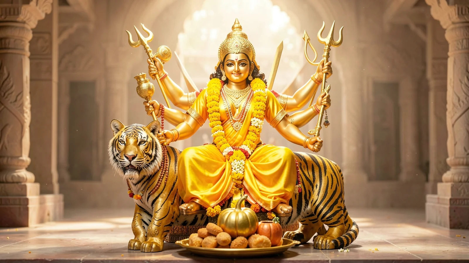 Golden brass idol of Goddess Kushmanda on Navratri Day 4 decorated with yellow marigolds
