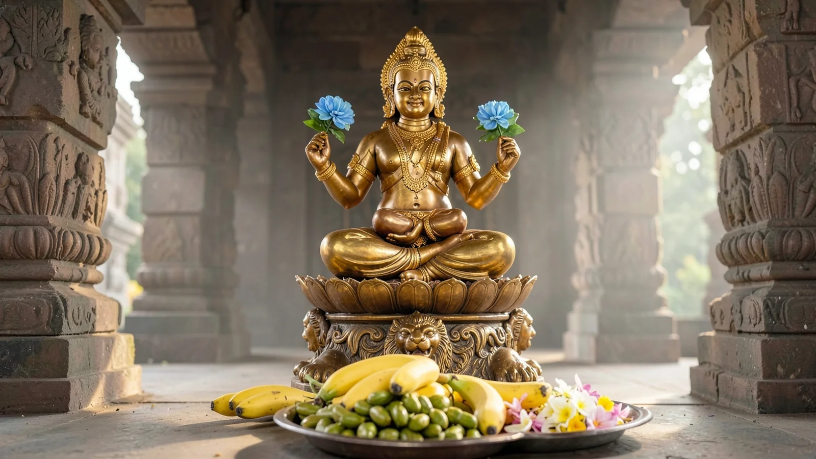 Brass idol of Maa Skandamata with baby Kartikeya and banana offerings for Navratri Day 5 puja
