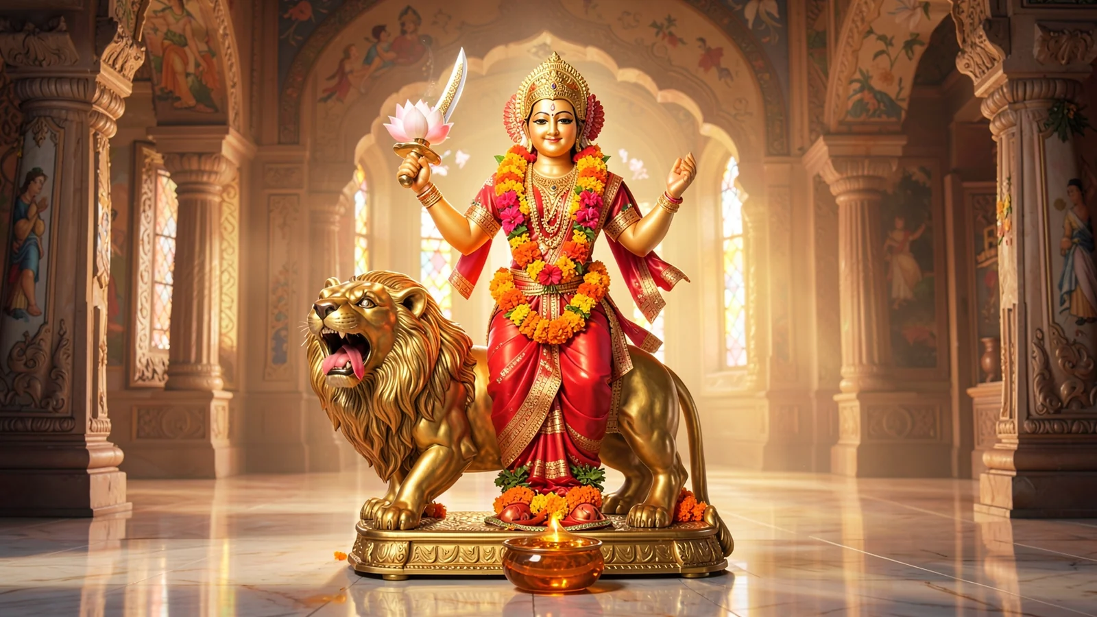 Brass murti of Goddess Katyayani riding a lion for Navratri Day six puja offerings