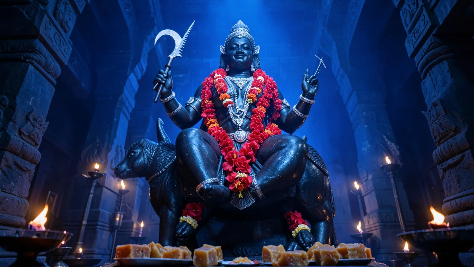 Dark stone idol of Goddess Kalaratri adorned with red hibiscus for Navratri Day 7 puja.