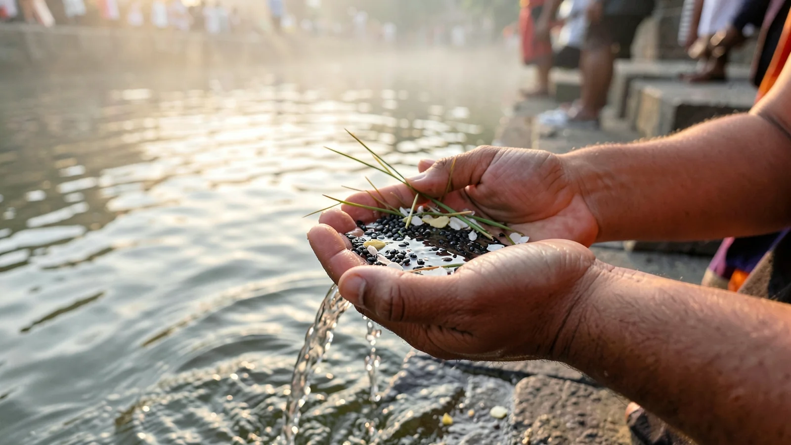Devotee hands pouring water with sesame seeds and kusha grass during Pitru Paksha tarpan ritual