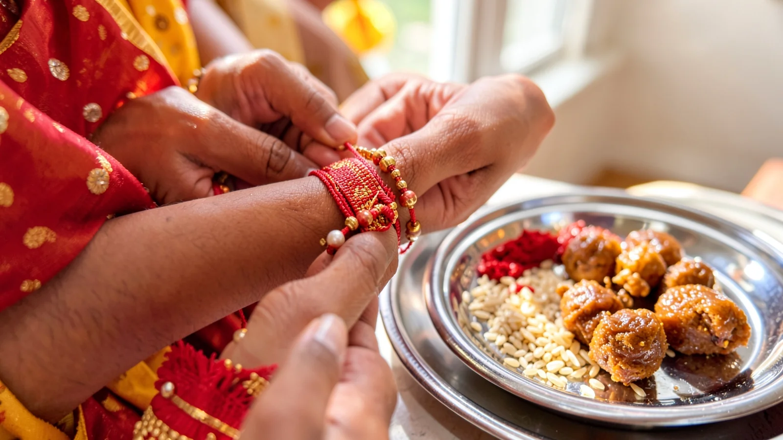 Close-up of hands tying an intricate rakhi thread on a wrist for Raksha Bandhan festival