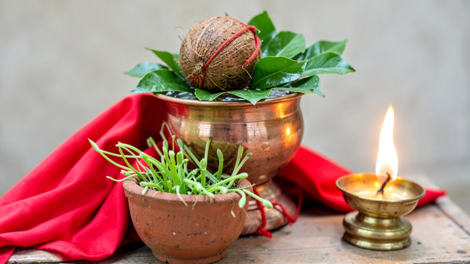 Sacred Ghatasthapana kalash with coconut and sprouted barley for Sharad Navratri puja rituals